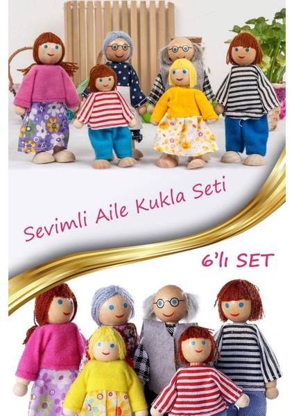 Elite 6'lı Ahşap Kukla Aile Seti Oyuncak Okul Öncesi El Yapımı Montessori Çocuk Bebek Evi Için Ahşap Kukla 1 Adet