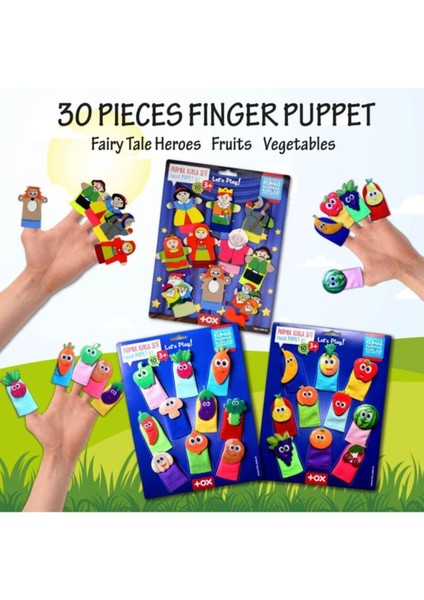 Elite 3 Set - 30 Parça Masal Kahramanları, Meyveler ve Sebzeler Parmak Kukla T105 T104 T225 1 Adet