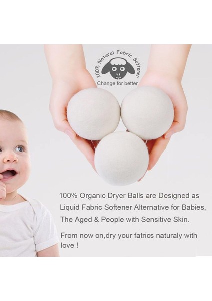 6'lı Yün Keçe Kurutma Topu, Doğal Pamuk ve Yün Materyali, Beyaz Renk