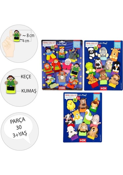 Elite 3 Set - 30 Parça Masal Kahramanları, Evcil ve Vahşi Hayvanlar Parmak Kukla T225 T771 T781 1 Adet
