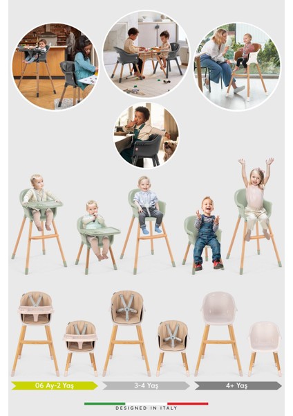 Verona 4'ü 1 Arada Ahşap Bebek Mama Sandalyesi ve Oturağı – Deri Pedli, Pudra Renk, Çok Fonksiyonlu Tasarım