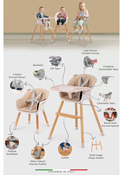 Verona 4'ü 1 Arada Ahşap Bebek Mama Sandalyesi ve Oturağı – Deri Pedli, Pudra Renk, Çok Fonksiyonlu Tasarım