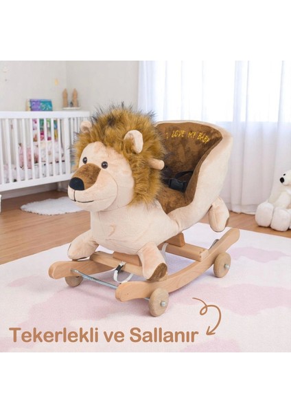 Elite Tekerlekli ve Ahşap Ayaklı Sallanan At, Eşek Peluş Oyuncak - Aslan 1 Adet