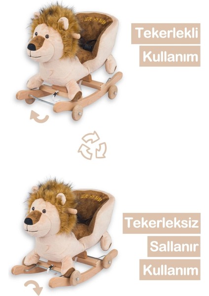 Elite Tekerlekli ve Ahşap Ayaklı Sallanan At, Eşek Peluş Oyuncak - Aslan 1 Adet