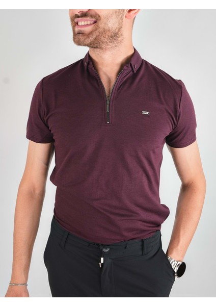 Erkek Fermuarlı Bordo Yakalı Tshirt