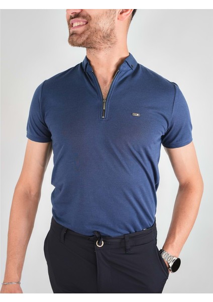 Erkek Fermuarlı Lacivert Yakalı Tshirt