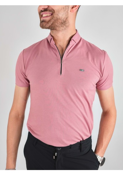 Erkek Fermuarlı Gül Kurusu Yakalı Tshirt