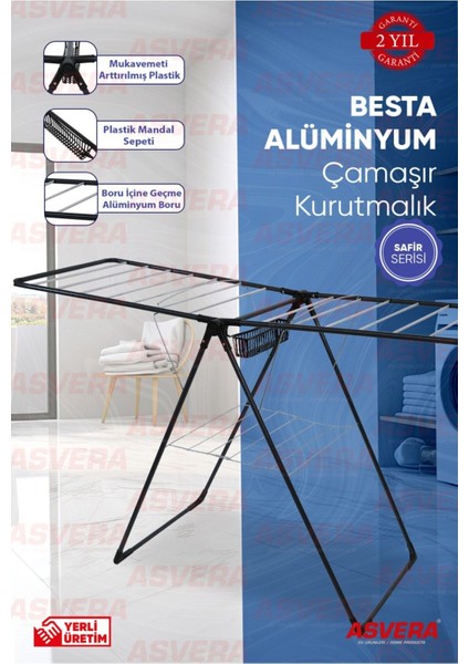 Yarı Alüminyum Çamaşır Kurutmalık, Sepetli, Siyah, Dayanıklı Tasarım