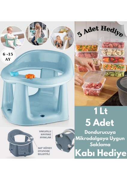 Elite Vakum Tabanlı Bebek Mama Sandalye Oturağı Oyuncaklı Banyo Oturağı Yeşil 5ADET 1lt Saklama Kabıhediye 1 Adet