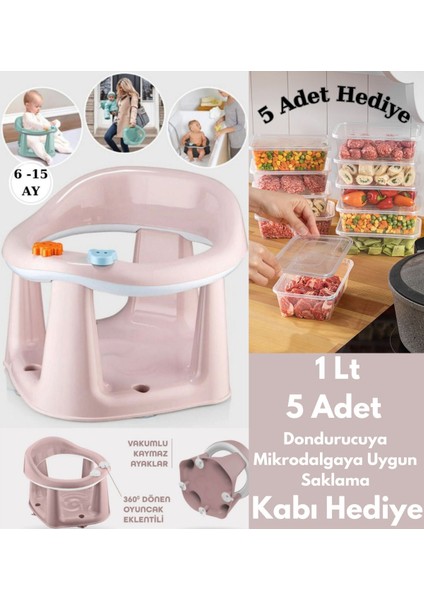 Elite Vakum Tabanlı Bebek Mama Sandalye Oturağı Oyuncaklı Banyo Oturağı Pembe 5ADET 1lt Saklama Kabıhediye 1 Adet