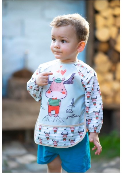 Geyik ve Civciv Desen Kollu Cepli Bebek Mama Önlüğü 1 Adet
