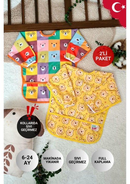 Elite Bear ve Kare Ayilar Desenli 2'li Paket Sıvı Geçirmez Unisex Aktivite ve Mama Önlüğü 6-24 Ay 1 Adet