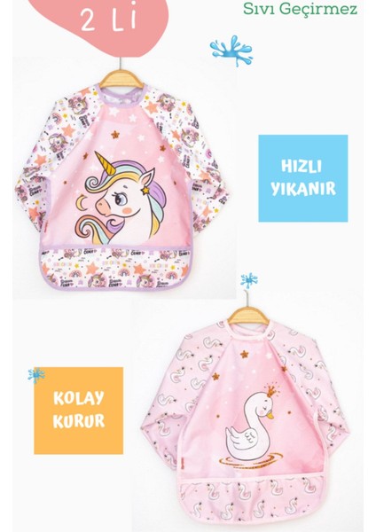 Elite 2 Li Unicorn ve Kuğu Desenli Uzun Kollu Bebek Mama Önlüğü 1 Adet