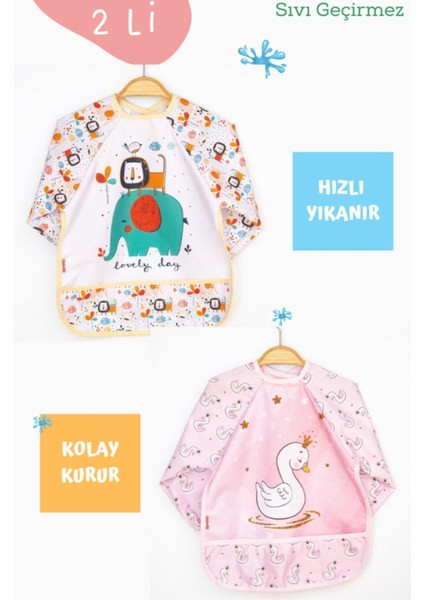Elite 2 Li Fil ve Kuğu Desenli Uzun Kollu Bebek Mama Önlüğü 1 Adet
