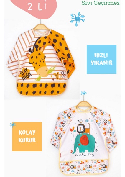 Elite 2 Li Zürafa ve Fil Desenli Uzun Kollu Bebek Mama Önlüğü 1 Adet