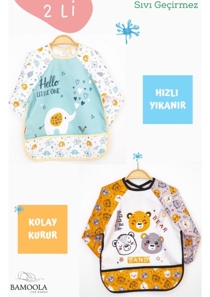 Elite 2 Li Beyaz Fil ve Ayı Desenli Uzun Kollu Bebek Mama Önlüğü 1 Adet