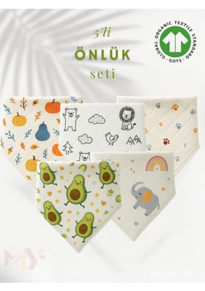 Elite 5 Adet Desenli Bebek Önlük Müslin Kumaş %100 Doğal Mama Önlüğü Çocuk Fular Bandana 1 Adet