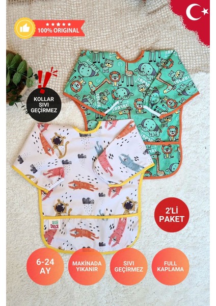 Elite Safari ve Roar Desenli 2'li Paket Sıvı Geçirmez Unisex Çocuk Aktivite ve Mama Önlüğü 6-24 Ay 1 Adet