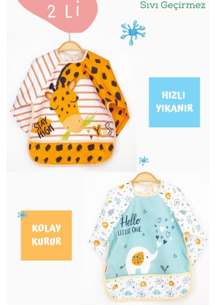 Elite 2 Li Zürafa ve Beyaz Fil Desenli Uzun Kollu Bebek Mama Önlüğü 1 Adet