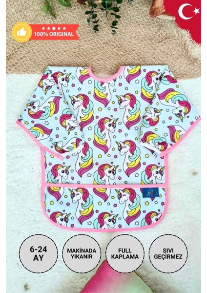 Elite Unicorn Pembe Desenli Sıvı Geçirmez Kız Aktivite ve Mama Önlüğü 6-24 Ay 1 Adet