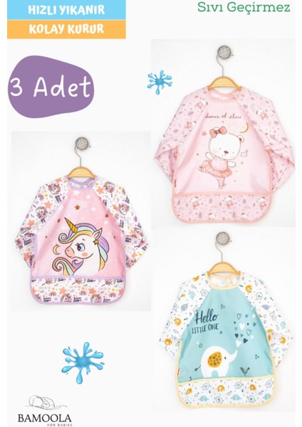 Elite 3 Adet Sıvı Geçirmez Unicorn - Ayıcık - B.fil Desenli Uzun Kollu Bebek Mama Önlüğü 1 Adet