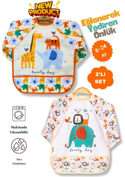 Elite 2'li Uzun Kollu Giyilebilir Sevimli Fil-Aslan Desen Sıvı Geçirmez Aktivite ve Mama Önlüğü 6-24 Ay 1 Adet