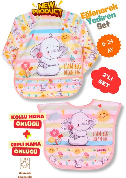 Elite Uzun Kollu Sevimli Fil-Kolsuz Fil Desenli 2'li Set Sıvı Geçirmez Cepli Bebek Mama Önlüğü 6-24 Ay 1 Adet