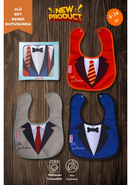 Elite Takım Elbise Desenli 3'lü Microfiber Sıvı Geçirmez Mama Önlüğü(Kendi Kutusunda) 1 Adet