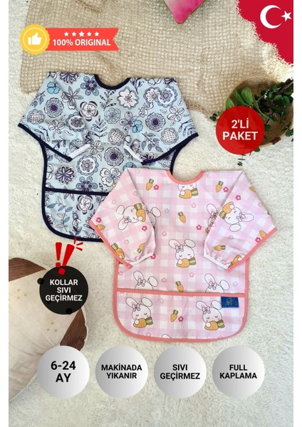 Elite Flower ve Carrot Desenli 2'li Paket Sıvı Geçirmez Kız Çocuk Aktivite ve Mama Önlüğü 6-24 Ay 1 Adet