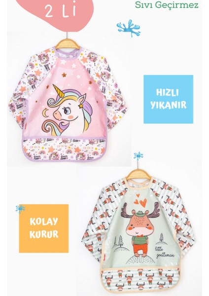 Elite 2 Li Kuğu ve Fil Desenli Uzun Kollu Bebek Mama Önlüğü 1 Adet