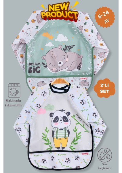 Elite 2'li Uzun Kollu Giyilebilir Sevimli Ayı-Panda Desen Sıvı Geçirmez Aktivite ve Mama Önlüğü 6-24 Ay 1 Adet