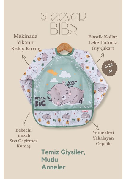 Elite 2'li Uzun Kollu Giyilebilir Sevimli Ayı-Panda Desen Sıvı Geçirmez Aktivite ve Mama Önlüğü 6-24 Ay 1 Adet