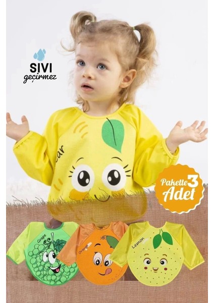 Elite Meyve Desenli 3'lü Paket Unisex Aktivite ve Mama Önlüğü 0-18 Ay Sıvı Geçirmez. 1 Adet