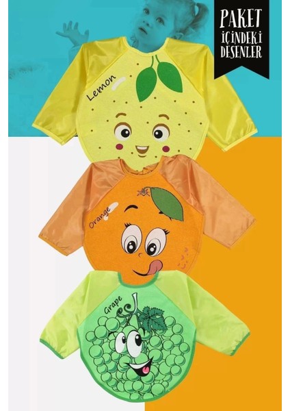 Elite Meyve Desenli 3'lü Paket Unisex Aktivite ve Mama Önlüğü 0-18 Ay Sıvı Geçirmez. 1 Adet fırsatları