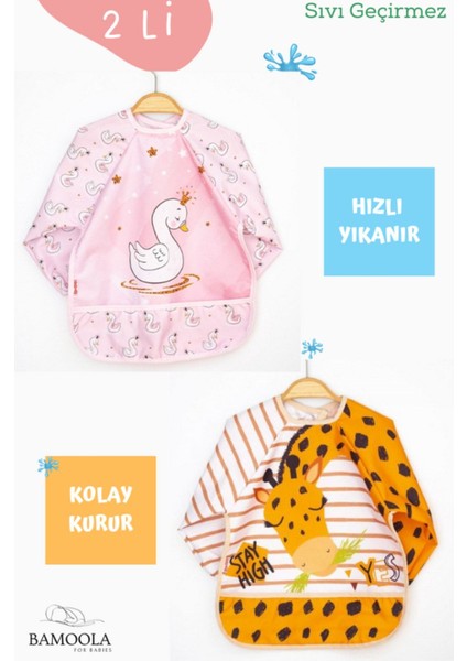 Elite 2 Li Kuğu ve Zürafa Desenli Uzun Kollu Bebek Mama Önlüğü 1 Adet