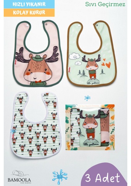 Elite 3 Adet Geyik Desenli Bebek Mama ve Salya Önlüğü - (Sıvı Geçirmez - Microfiber - Çıtçıtlı) 1 Adet