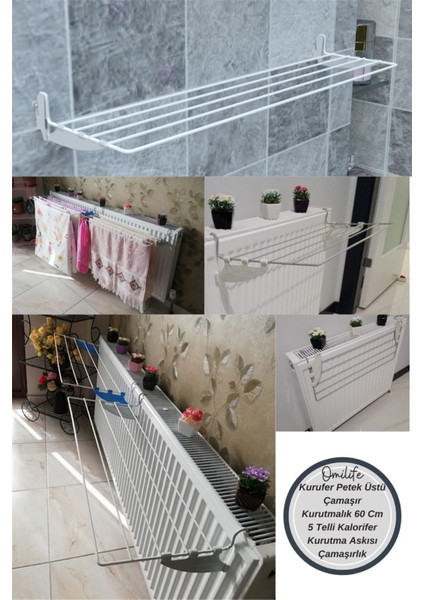 60 cm Petek Üstü Çamaşır Kurutmalık, 5 Telli, Beyaz, Dayanıklı ve Şık Tasarım