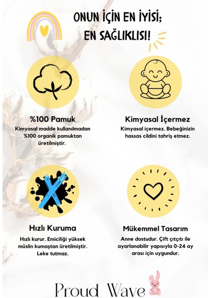 Elite %100 Organik Pamuk Müslin Bebek Önlüğü Çift Katlı Iki Çıtçıtlı Bebek Salya Önlük & Fular (4 Adet) 1 Adet