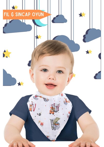 Elite %100 Organik Pamuk Müslin Bebek Önlüğü Çift Katlı Iki Çıtçıtlı Bebek Salya Önlük & Fular (4 Adet) 1 Adet