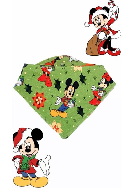 Elite Bebek %100 Pamuk Çift Katlı Mickey ve Minnie Mouse Yılbaşı Temalı Fular Mama Önlüğü 1 Adet