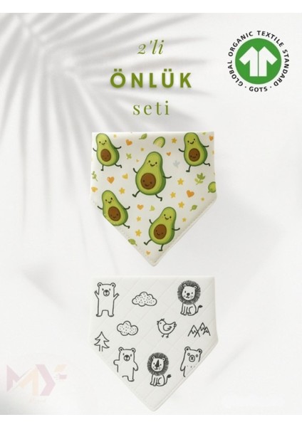 2 Adet Bebek Önlük Seti Müslin Kumaş Pamuklu Doğal Sertifikalı Mama Önlüğü Çocuk Fular Bandana 1 Adet