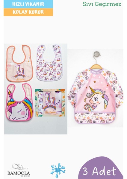Elite 4'lü Unicorn Desenli Uzun Kollu Bebek Mama Önlüğü (3 Kolsuz + 1 Kollu) 1 Adet