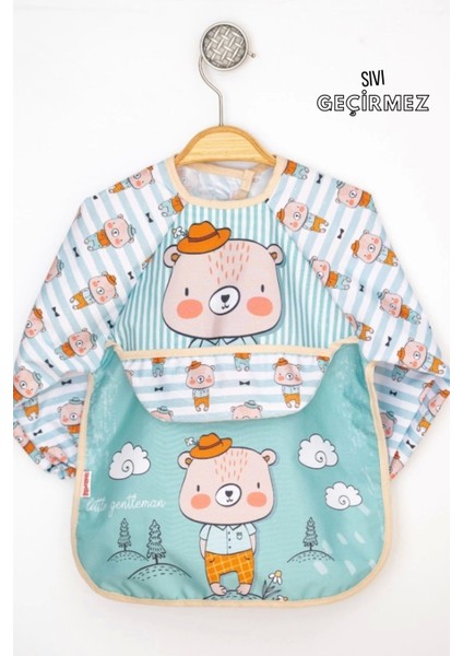 Elite Little Gentleman Ayıcık Desenli Cep Detaylı Uzun Kollu Sıvı Geçirmez Mama Önlüğü Su Geçirmez Unisex 1 Adet