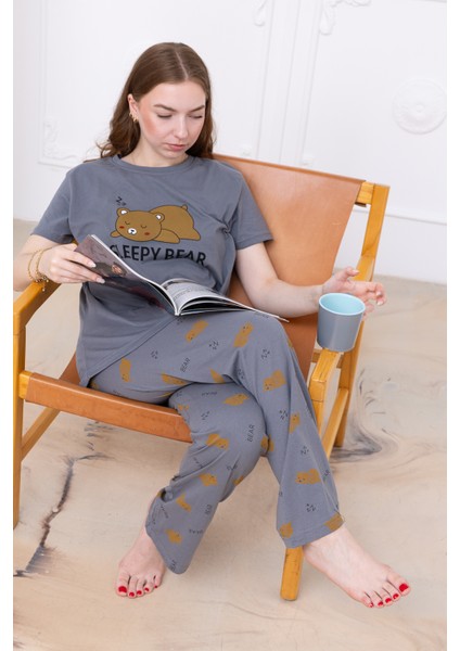 Kadın Ayıcık Desenli Pijama Takımı Gri