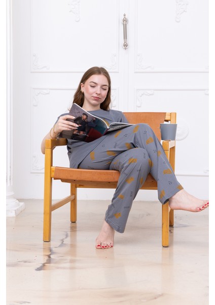 Kadın Ayıcık Desenli Pijama Takımı Gri fırsatları