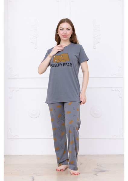 Kadın Ayıcık Desenli Pijama Takımı Gri indirimleri