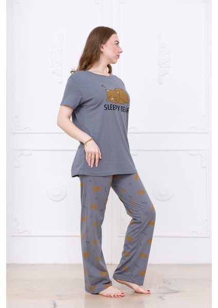 Kadın Ayıcık Desenli Pijama Takımı Gri