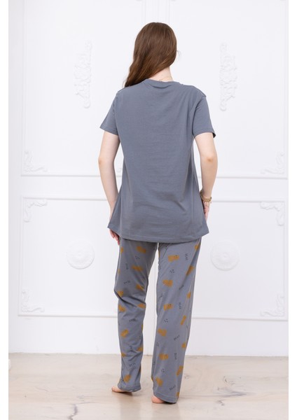 Kadın Ayıcık Desenli Pijama Takımı Gri