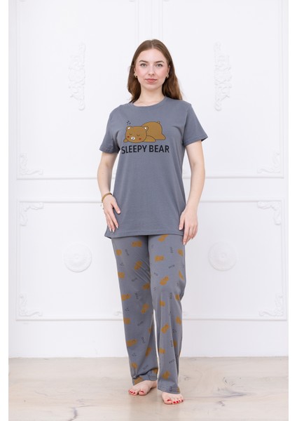 Kadın Ayıcık Desenli Pijama Takımı Gri