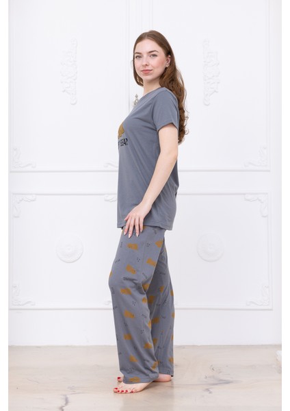Kadın Ayıcık Desenli Pijama Takımı Gri